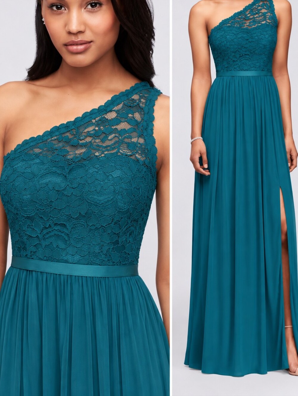 Teal David’s Bridal One Shoulder Lace  Long Flowy Gown Bridesmaid Dress Size 6